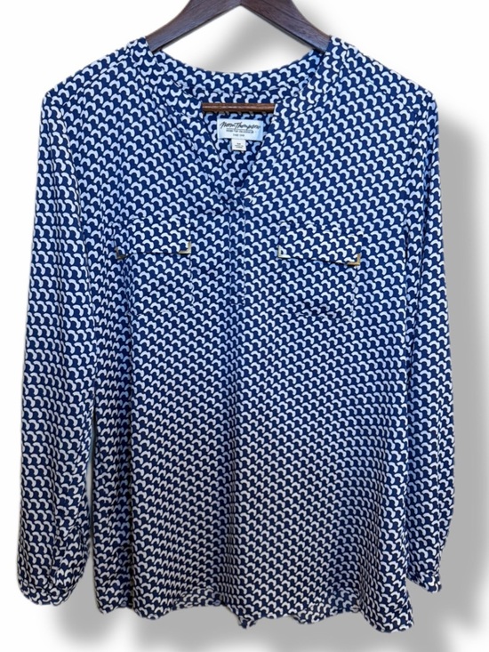 Norm Thompson Tops - Norm Thompson Blue White Geometric Print Long Sleeve Blouse Top Medium